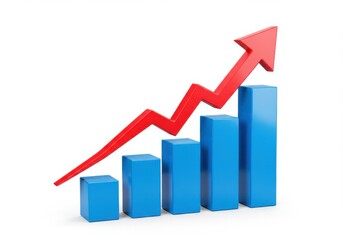 Red arrow indicating upward growth over blue bars on a white background symbolizing financial success