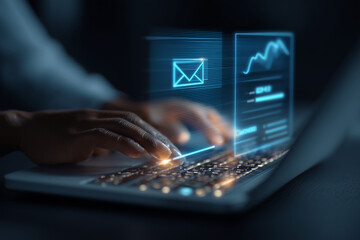 Digital interaction and data analysis: A person uses a computer to examine data and interact with digital interfaces, indicating contemporary technical communication