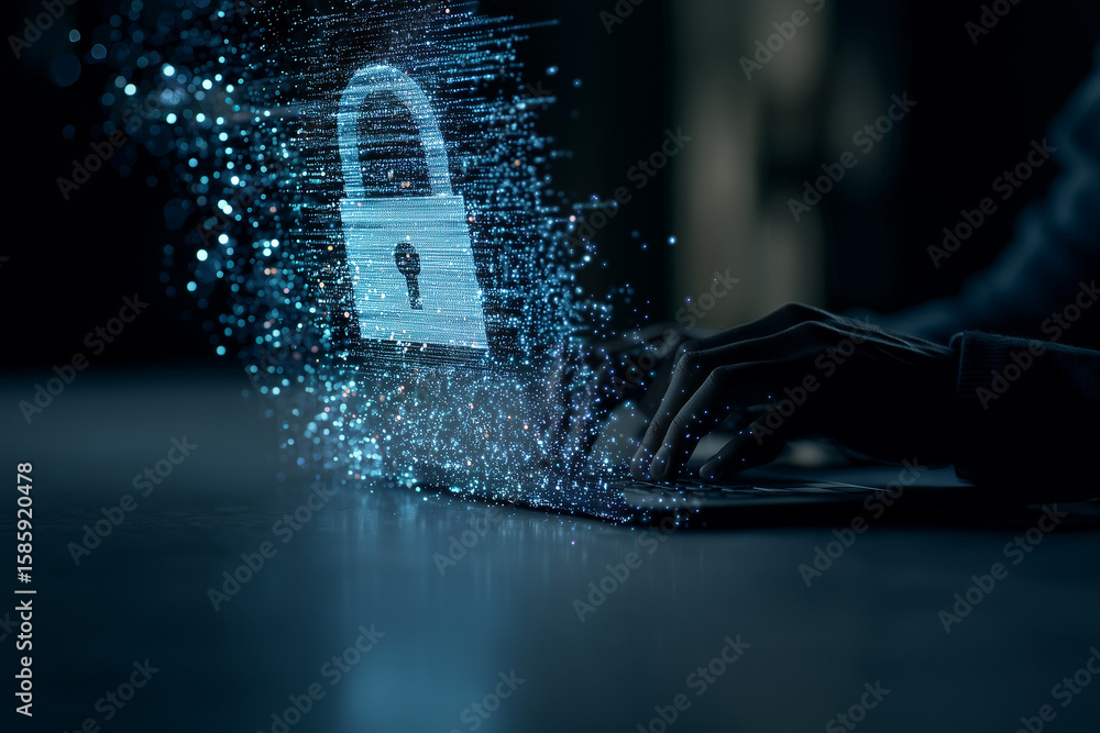Poster securing the digital realm: an ethereal representation of a digital padlock emerging from a laptop, 