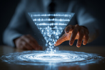 Data Funnel: A visual representation of data filtering through a funnel, symbolizing the process of data analysis and insights generation. The hand interacts with the funnel.