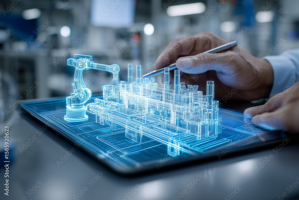 Poster innovation in industry: a detailed illustration showcases an engineer using a tablet to analyze the 