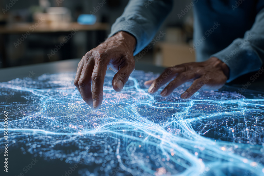 Poster touch the future: a person interacts with a futuristic holographic display, exploring intricate data
