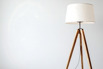Standing Wooden Tripod Lamp with White Shade in Bright Interior
