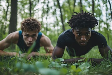 Intense Workout Two Young Men Doing PushUps in a Grassy Outdoor Setting