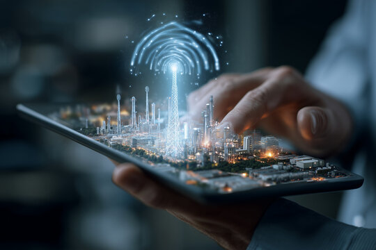 Digital city on tablet: Person holds tablet with digital city hologram and network symbol, signifying innovation, connectivity, and progress in smart technology.