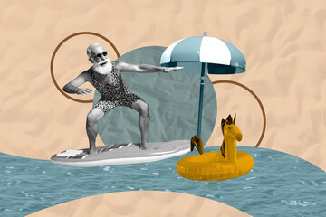 Banner full photo trend image collage of happy old man stand surfboard balance sea water umbrella unicorn lifebuoy summer resort