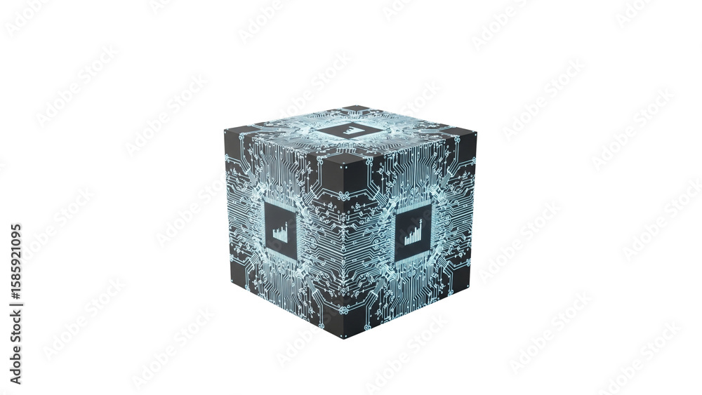 Poster futuristic technological cube with circuit board design on a black background