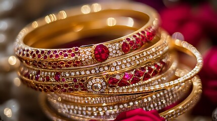 Close up of ornate gold bangles with colorful stones and pearl embellishments
