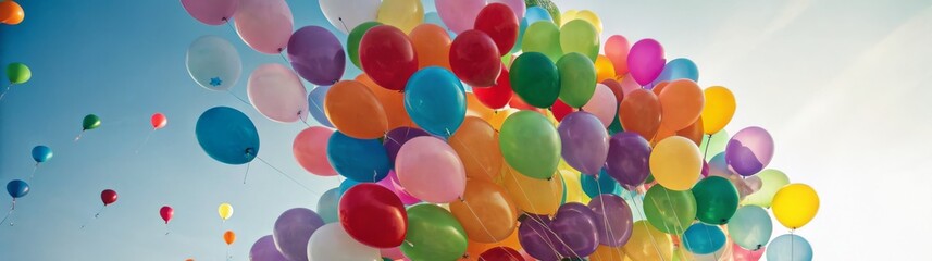 Colorful balloons floating in the sky with a bright background, evoking celebration and joy.
