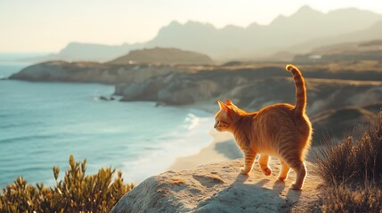 Traveler explorer red cat walking on coast by the sea