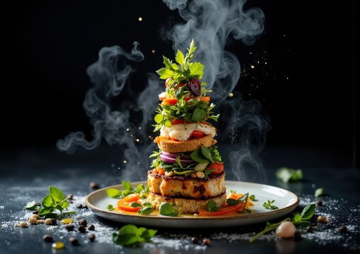 Gourmet culinary art: smoke-infused vegetarian dish with microgreens and root vegetables for fine dining ambiance - Powered by Adobe