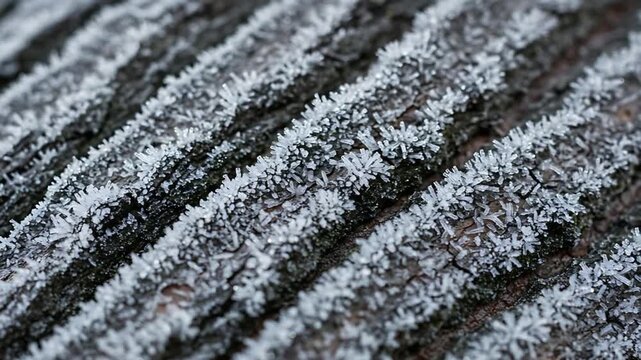 Close-Up of Frost Patterns on Textured Tree Bark Showcasing Nature's Winter Magic