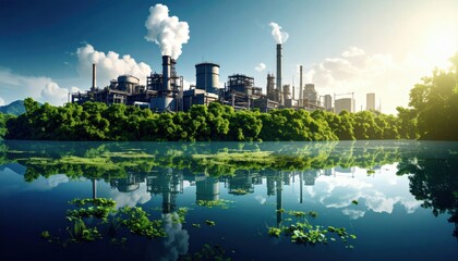 Industrial Facility Amidst Lush Greenery Reflecting On Calm Water