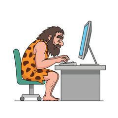 Caveman learns modern technology operating a desktop computer for digital age communication and information