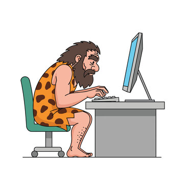 Caveman learns modern technology operating a desktop computer for digital age communication and information