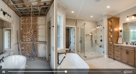 Sidebyside image slider of a master bathroom project from demolition and plumbing roughin to stylish final installation.