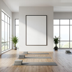 Clean blank poster mockup in a yoga studio with wooden floors and zen atmosphere. Perfect for wellness branding, yoga promotions, classes or retreat advertising. Calm and inspiring.
