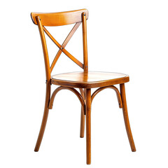 A simple, light brown wooden chair with a cross-back design and slightly curved legs, isolated on a black background