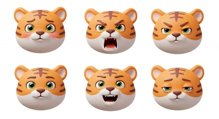 Fototapeta premium Cartoon tiger faces set displaying various emotions