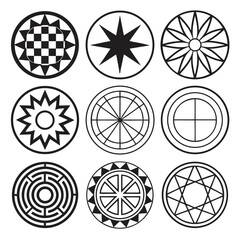 Circular geometric emblems with intricate designs patterns