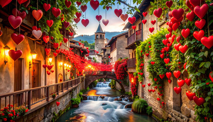 Fototapeta premium Romantic Village Street Decorated with Red Hearts at Sunset