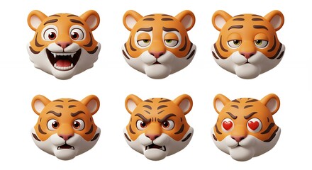 Cartoon tiger faces set with various emotions
