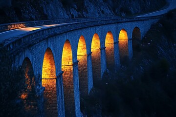 Illuminated Stone Arch Bridge at Twilight Crossing Mountain Landscape with Asphalt Road