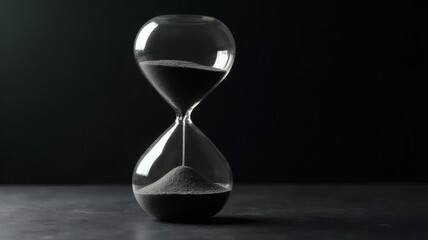 Transparent Glass Hourglass Close-Up on Black Surface Representing Time Concept