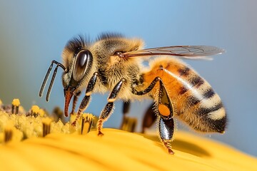 Honeybee Pollinating Yellow Flower Macro View of Apis Mellifera with Blue Sky