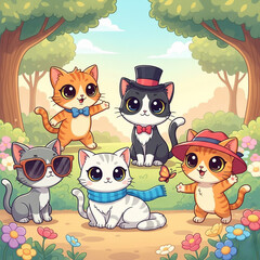 A cheerful gathering under the trees, with friends dressed in playful styles enjoying the gentle breeze.