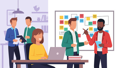 Diverse business team collaborates on a project using agile methodology in a modern office setting, showcasing teamwork and innovative problem-solving.