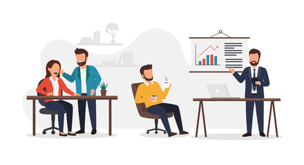 A diverse team collaborates in a modern office setting, with presentations and discussions focused on business growth and achieving financial goals.
