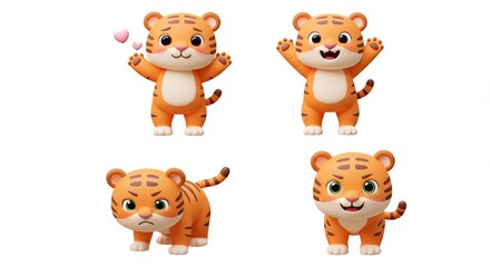 Obraz premium Cartoon tiger illustrations set with various emotions