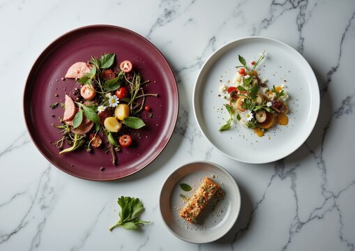 Gourmet culinary art plating: elegant dishes with fresh ingredients and minimalist aesthetic for fine dining experience