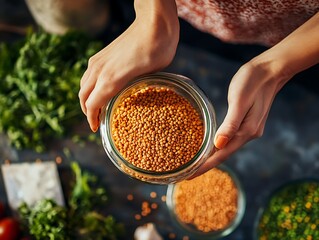 Hands Holding Jar of Red Lentils, Ready for Cooking Healthy Vegan Meal