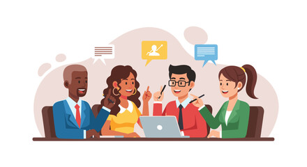 A diverse team of colleagues collaborates around a laptop, sharing ideas and engaging in a lively discussion, fostering teamwork and communication in a modern office setting.