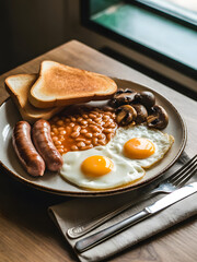 Delicious Full English Breakfast: Fried Eggs, Sausages, Beans, Toast, Mushrooms, Rustic Setting