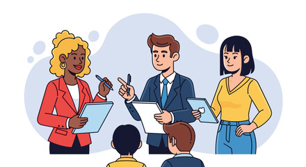 Diverse team members collaborate in a meeting, discussing ideas and strategies with tablets and clipboards, fostering teamwork and innovation in a modern workspace.