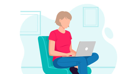 A young woman sits comfortably in a teal armchair, working on her laptop in a minimalist home office setting, showcasing remote work and modern technology.