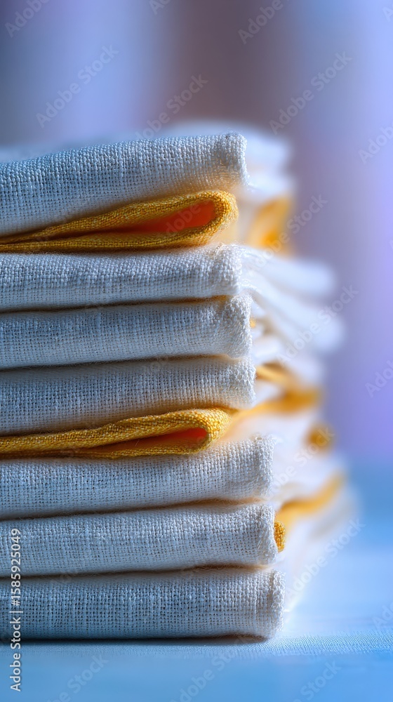 Aufkleber close-up of neatly folded beige and yellow fabric stacked on a surface with a soft blurred backgroun