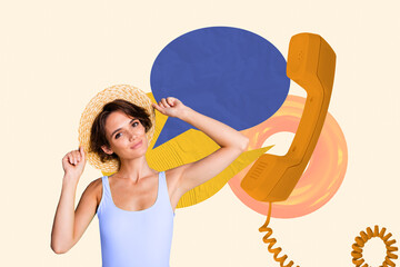 Full trendy sketch image photo collage of happy girl wear bikini stand telephone handset bubble...