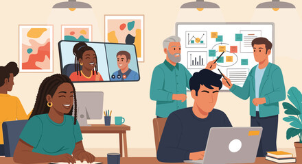 A diverse team collaborates in a modern office setting, engaging in a video conference and brainstorming session, highlighting teamwork and business communication.