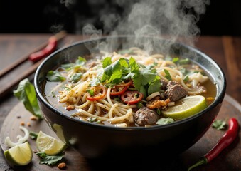 Steaming vietnamese pho bowl with fresh herbs and sliced lime on wooden table - culinary delight for authentic cuisine lovers