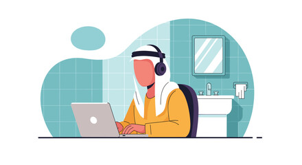 A vibrant digital illustration portrays an Arab man in traditional headwear and headphones, deeply engrossed in remote work on his laptop within a modern interior.