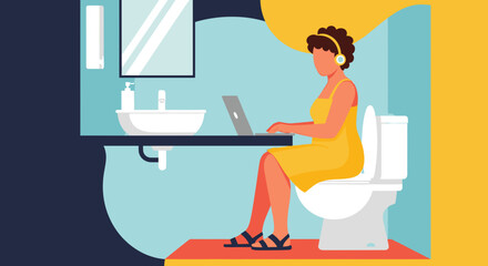 A woman in a yellow dress sits on a toilet in her bathroom, diligently working on a laptop with headphones, illustrating remote work challenges.