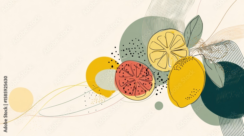 Poster modern abstract fruit line art with vibrant colors and bold outlines creating a visually appealing d