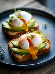 Delicious Poached Egg and Avocado Toast: Gourmet Brunch, Close-up Shot