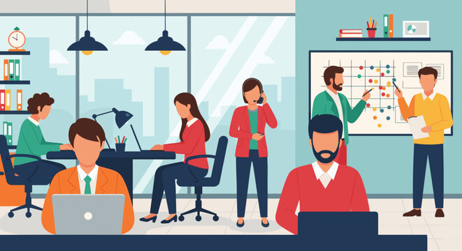 A bustling modern office environment showcases diverse professionals collaborating and working efficiently on various tasks in a bright, open-plan setting.