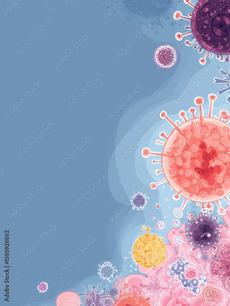 Poster immune system actively combating cold virus in a modern flat illustration with a blank right zone fo