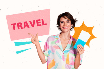 3d trendy image photo collage of happy girl hold ticket passport point gesture hand travel...